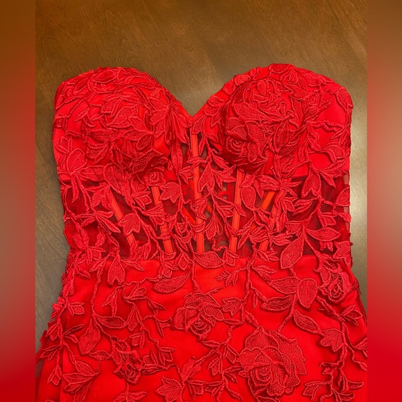 Prom/formal dress- camille la vie, red lace + tulle. hemmed to fit 5”2 person - Picture 6 of 7